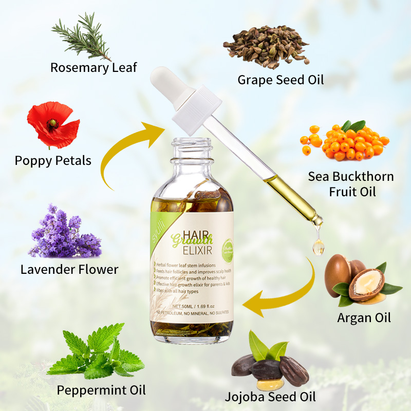 Elixir de ervas para crescimento capilar Syulli com alecrim e hortelã-pimenta | 8 extratos vegetais | Tratamento do couro cabeludo | Atacado e OEM