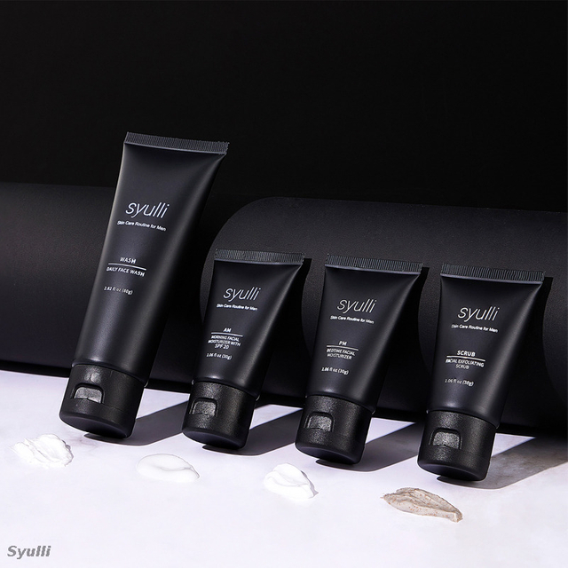 Sistema de cuidados com a pele masculino Syulli (conjunto de 4 peças) - Limpar, esfoliar, hidratar durante o dia, reparar à noite.