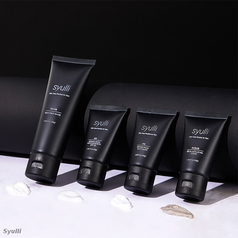 Sistema de cuidados com a pele masculino Syulli (conjunto de 4 peças) - Limpar, esfoliar, hidratar durante o dia, reparar à noite.